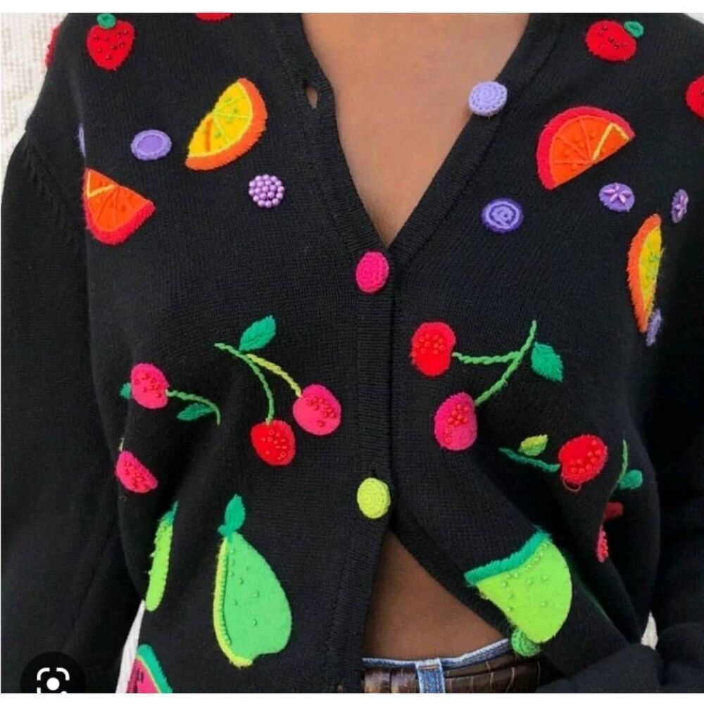 VTG Y2K Talbots Black Fun Cardigan Sweater Bright Fruit Appliqué And Hand Beadin